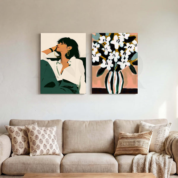 Modern Woman and Floral Vase Gallery Wall Set of 2