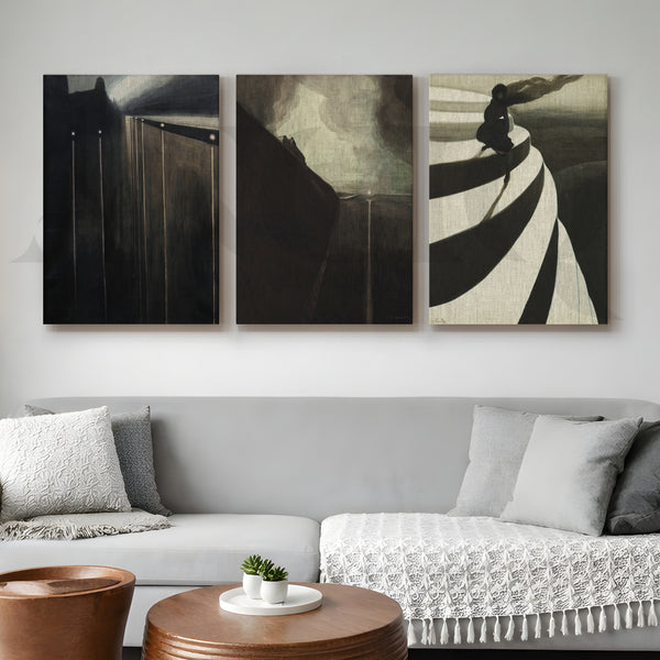 Moody Abstract Noir Gallery Wall – Set of 3 Contemporary Artworks - 18 x 24 Inches