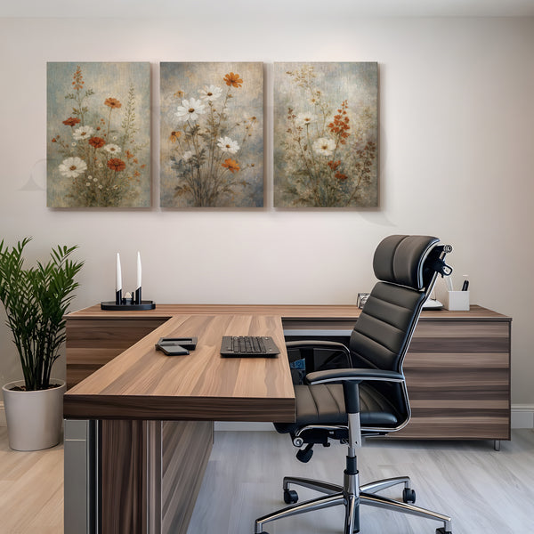 Vintage Wildflower Meadow Gallery Wall – Set of 3 Floral Artworks - 18 x 24 Inches