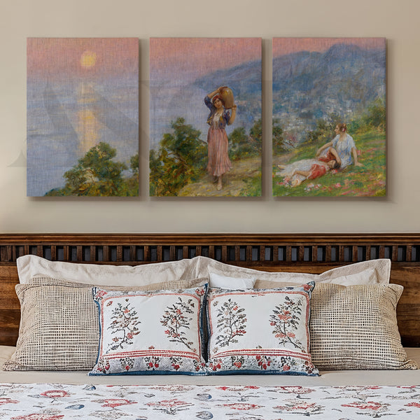 Pastoral Sunset Figures Gallery Wall – Set of 3 Impressionist Landscape Artworks - 18 x 24 Inches