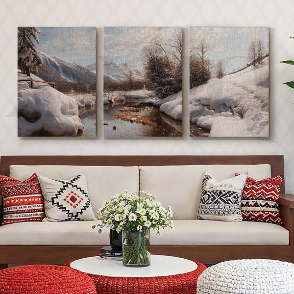 Snowy Alpine River Landscape Gallery Wall – Set of 3 Winter Nature Artworks - 18 x 24 Inches