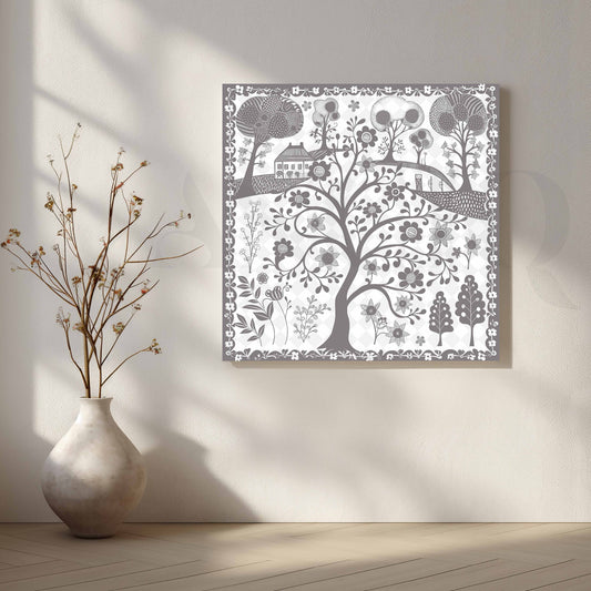 Floral Tree of Life Folk Canvas Artwork with Gallery Wrap