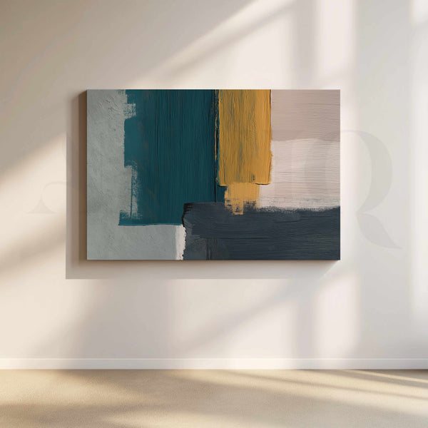 Teal Mustard and Charcoal Geometric Abstract Canvas Artwork
