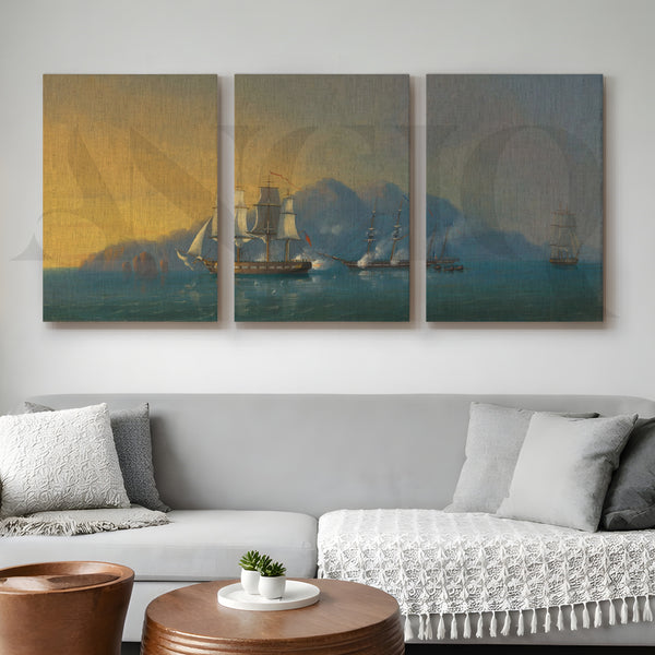 Golden Horizon Sailing Ships Gallery Wall – Set of 3 Classic Seascape Artworks - 18 x 24 Inches