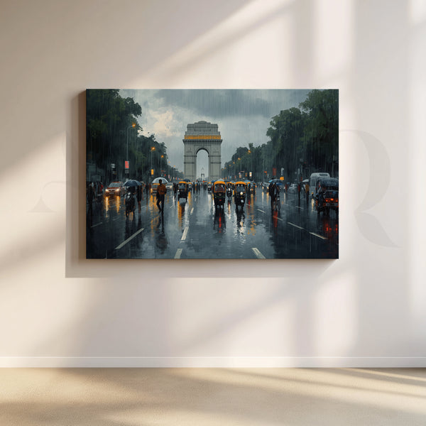 Rainy India Gate Street Canvas Artwork