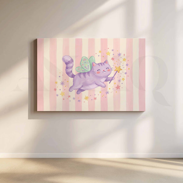 Magical Purple Fairy Cat with Star Wand Kids Room Canvas Artwork