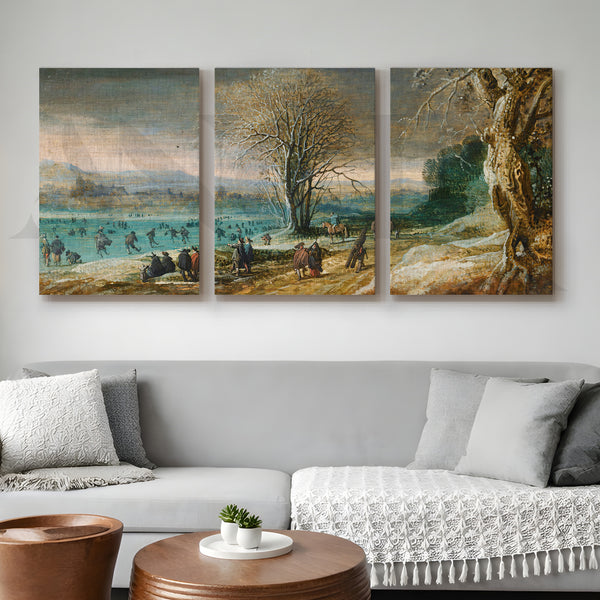Winter Lakeside Life Gallery Wall – Set of 3 Classical European Landscape Artworks - 18 x 24 Inches