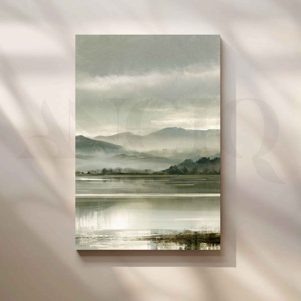 Misty Mountain Lake Landscape in Sage Green Canvas Artwork