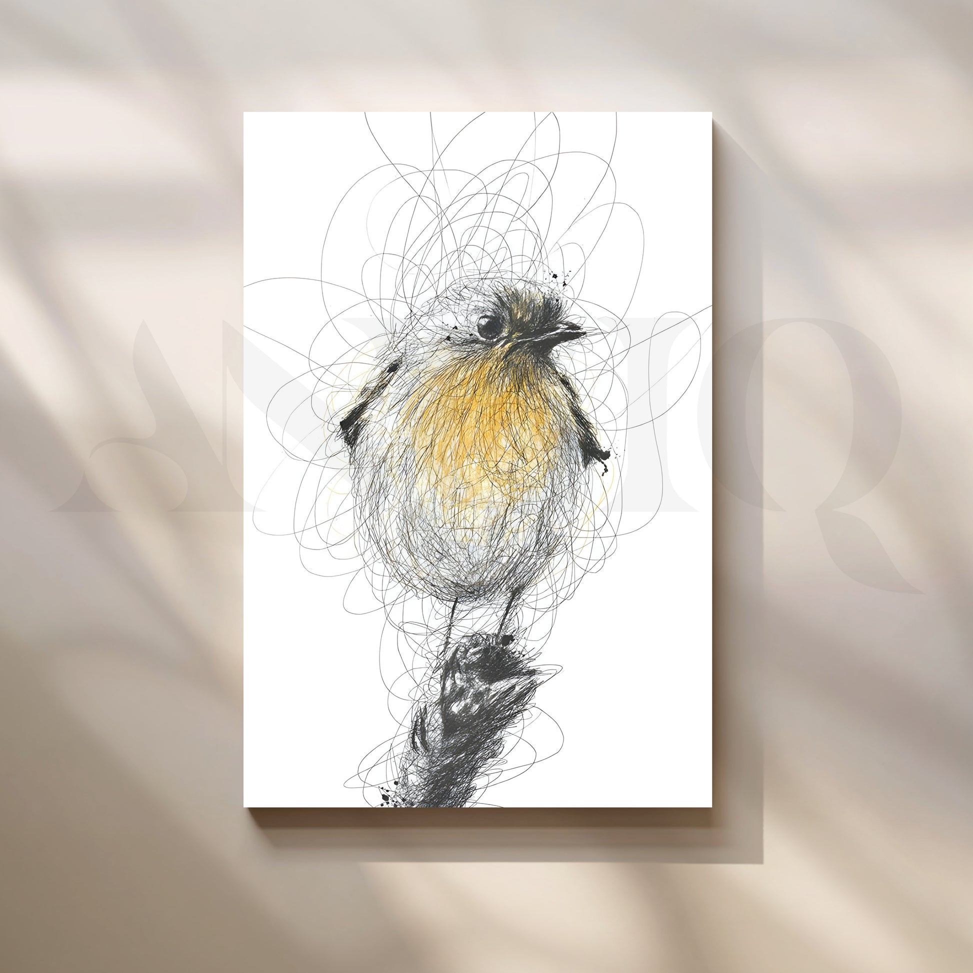Yellow Songbird Sketch Canvas Artwork for Stylish Bedroom