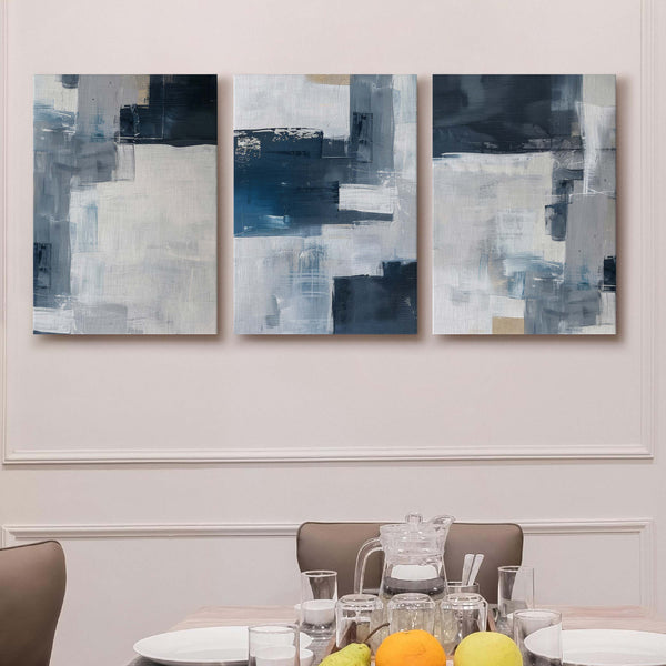 Blue Grey Abstract Gallery Wall Canvas Artwork Set of 3 - 18 x 24 Inches