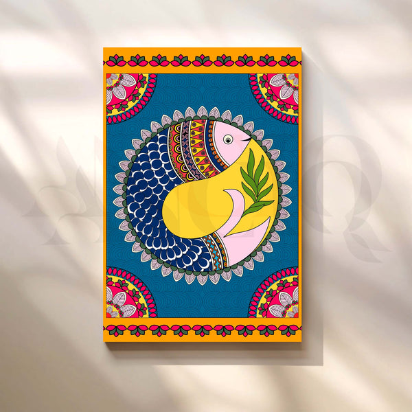 Sacred Fish of Harmony Madhubani Folk Art Canvas Artwork (Ready to Ship)