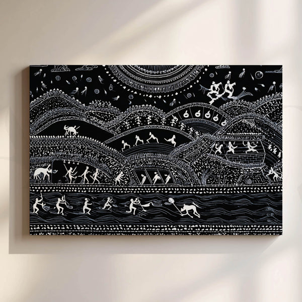 Black and White Warli Art Canvas Artwork (Ready to Ship)