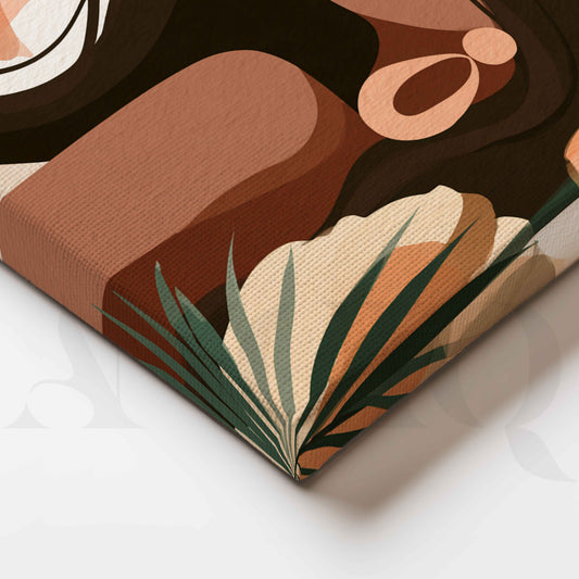 Earthy Boho Beauty – Abstract Woman with Tropical Leaves Canvas Artwork