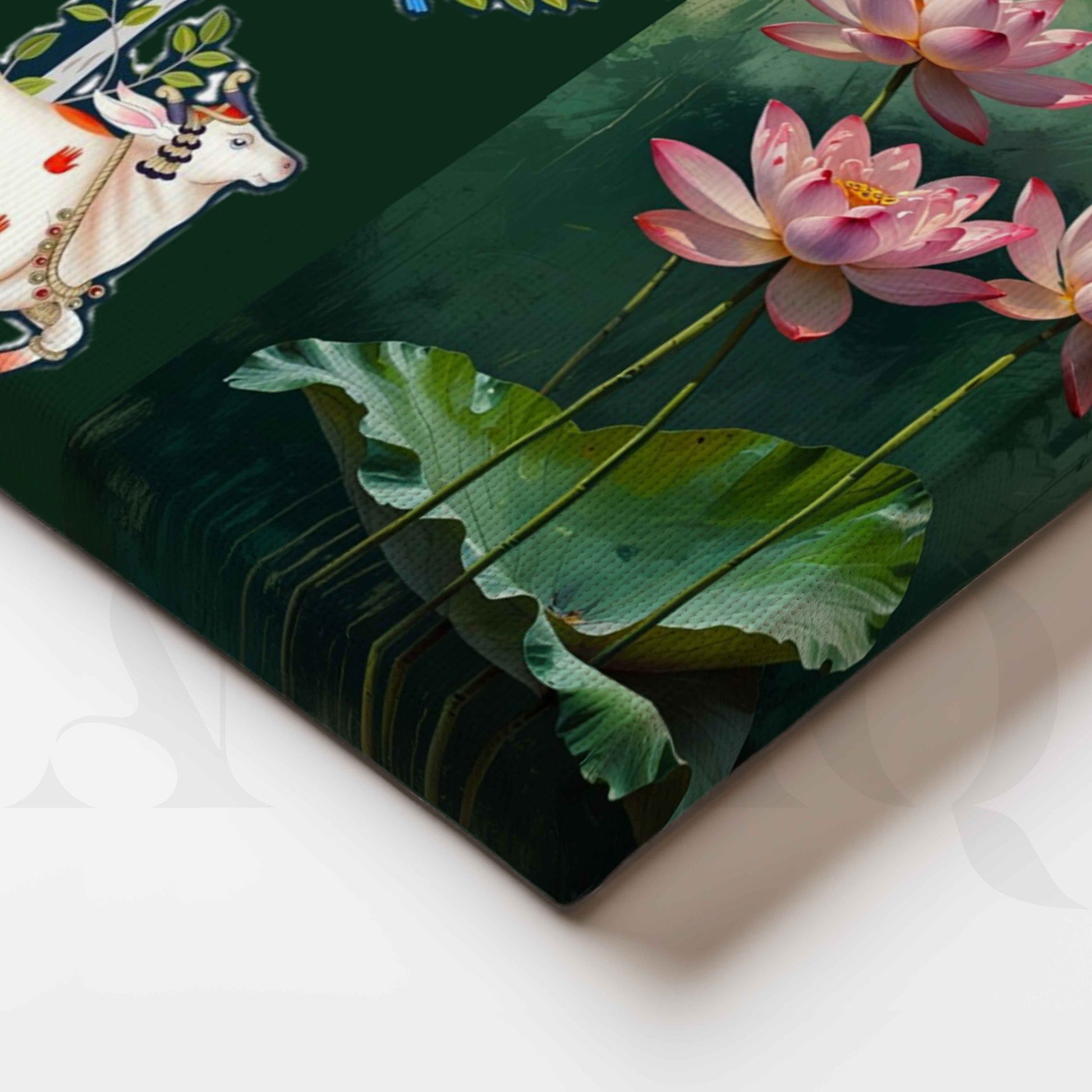 Lotus and Sacred Cow Botanical Canvas Artwork for Stylish Bedroom