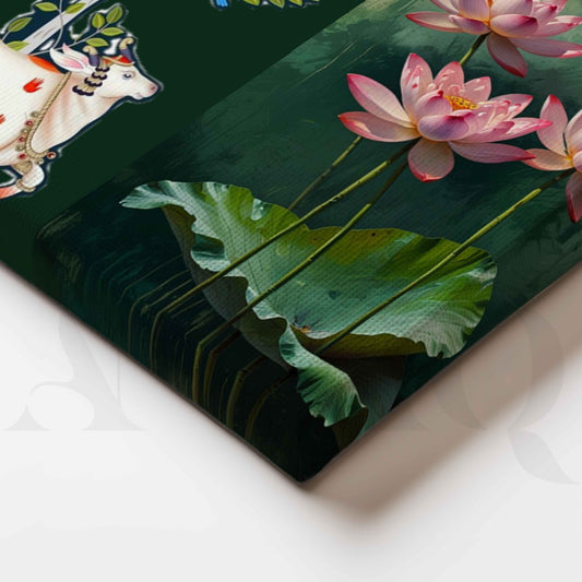 Lotus and Sacred Cow Botanical Canvas Artwork for Stylish Bedroom