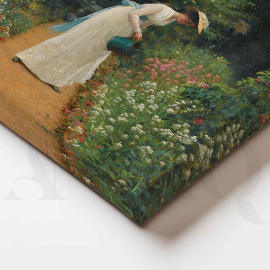 Woman Watering Garden Impressionist Canvas Artwork for Living Room