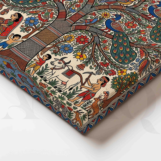 Peacock Tree of Life Madhubani Canvas Artwork