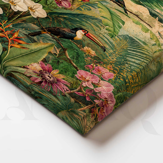 Tropical Botanical Birds Gallery Wall Canvas Artwork Set of 3