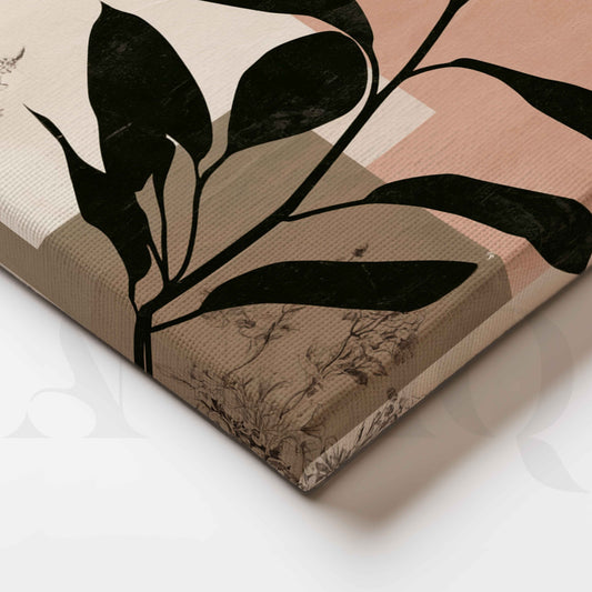 Minimalist Black Botanical Leaves with Blush Pink Abstract Canvas Artwork
