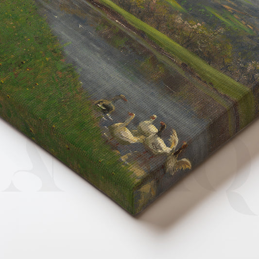 Spring Riverside Farm Scene Canvas Artwork for Living Room