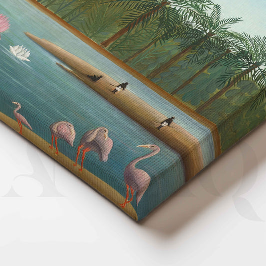 Tropical Lotus Lake with Flamingos Folk Art Canvas Artwork