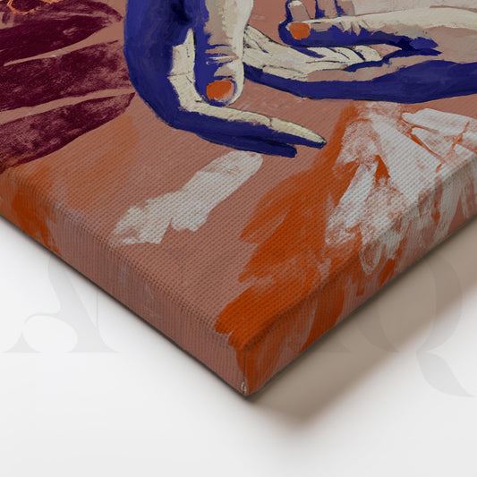 Abstract Hands Canvas Artwork in Terracotta, Blue and Burgundy Tones