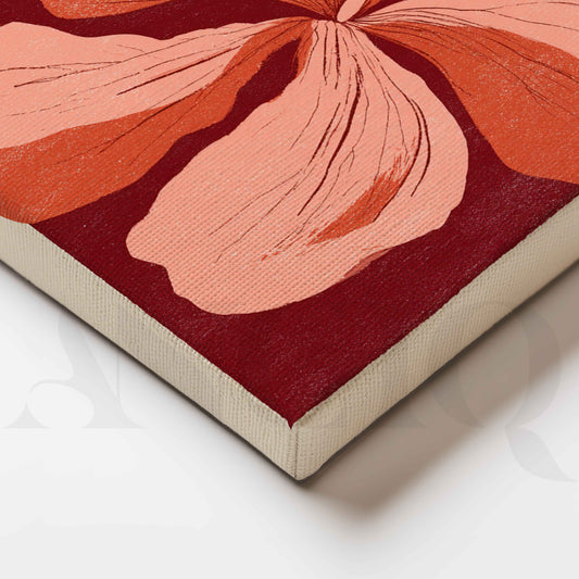 Coral Pink Floral Bloom on Burgundy Minimalist Canvas Artwork