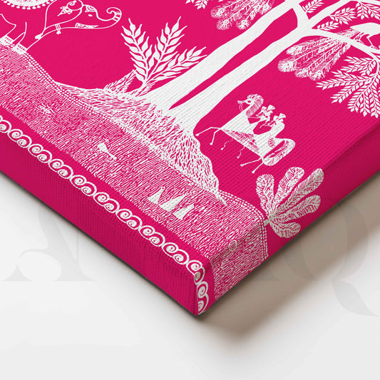 Close-up Detail Pink Warli Tree of Life Canvas Wall Artwork