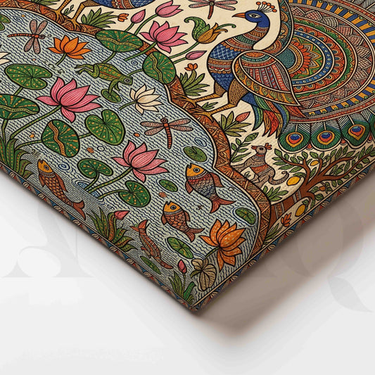 Peacock Lotus Pond Madhubani Canvas Artwork