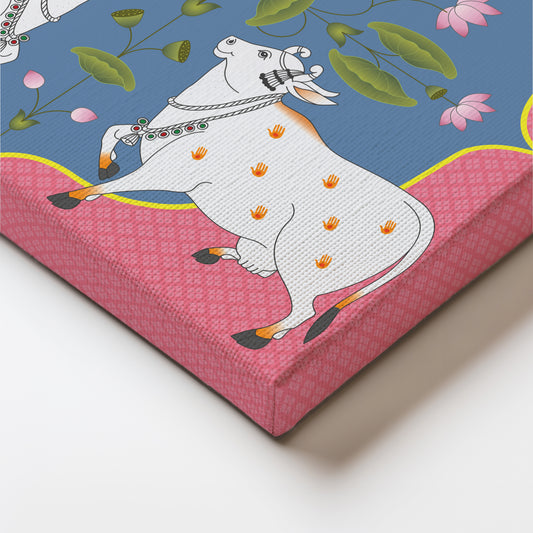 Symmetrical Cows Adorned with Floral Motifs and Lotus Blooms