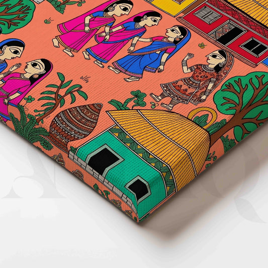 Traditional Madhubani Village Life Canvas Artwork