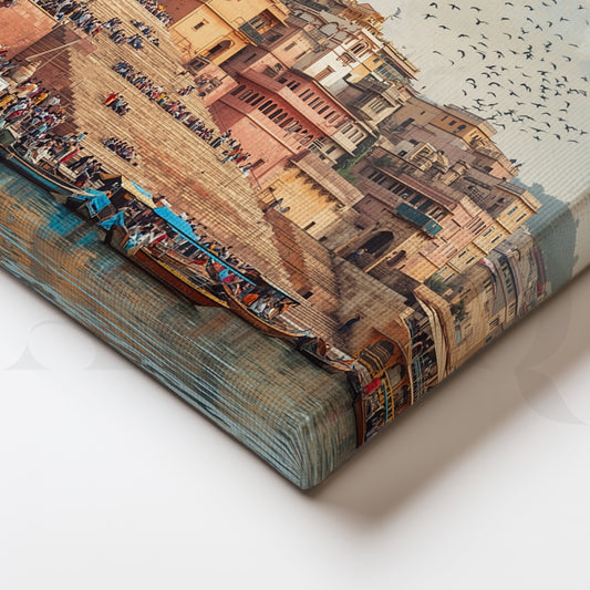 Varanasi Ghats Riverside Canvas Painting – Banaras Cityscape Wall Art for Living Room