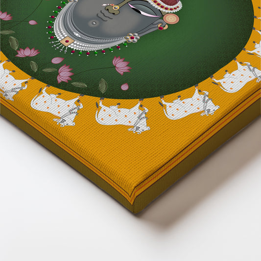 Divine Portrait of Shri Nathji Encircled by Sacred Cows