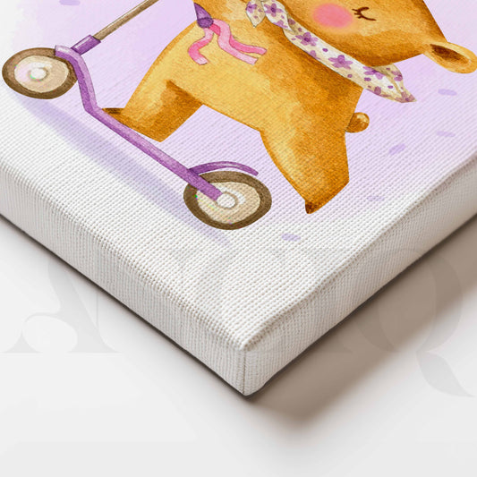 Cute Bear Riding Purple Scooter Kids Nursery Canvas Artwork