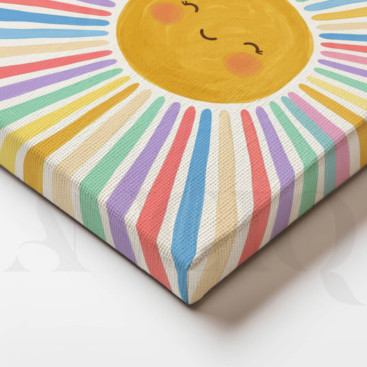 Happy Smiling Sun with Colourful Rainbow Rays Kids Room Canvas Artwork