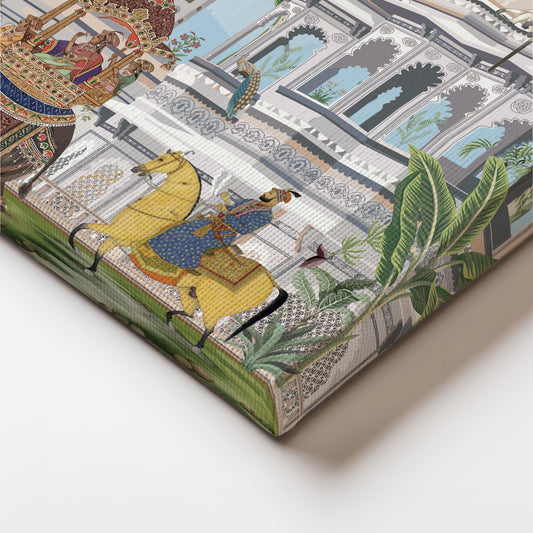 Royal Procession Amidst Majestic Palaces and Verdant Palm Trees