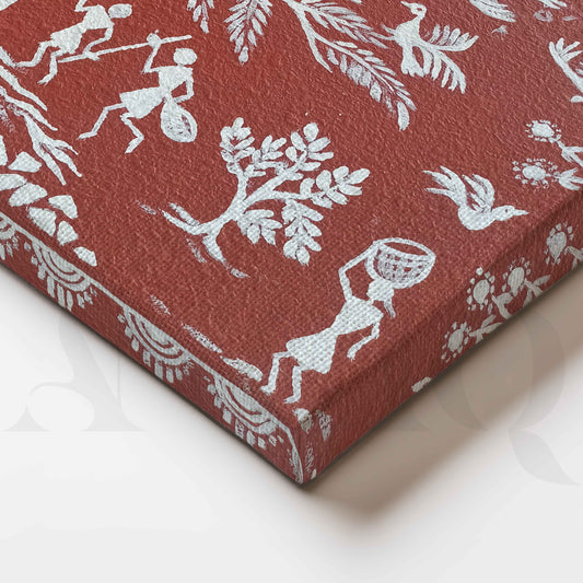 Close-up Detail Warli Tree of Life Tribal Folk Canvas Artwork