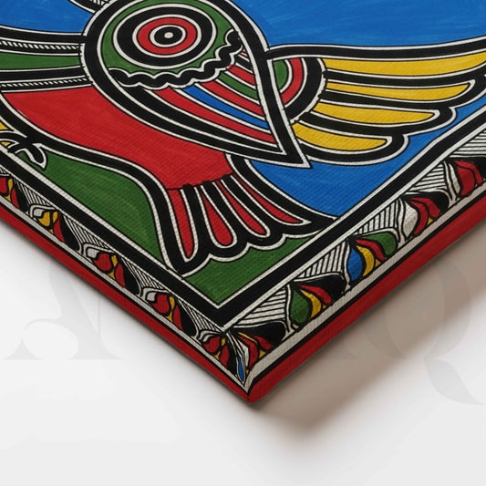 Colourful Folk Bird Madhubani Canvas Artwork