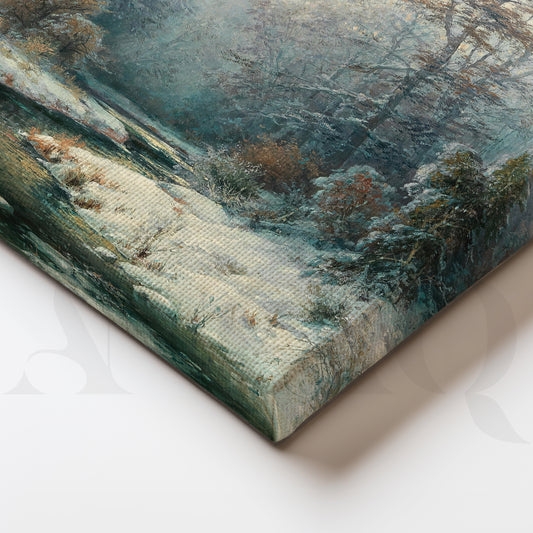 Snowy Forest River Landscape Canvas Artwork