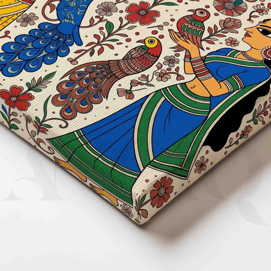 Traditional Women and Peacocks Madhubani Canvas Artwork