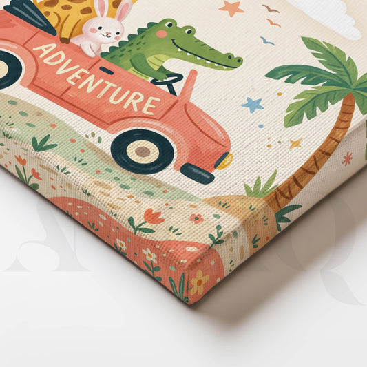 Safari Jungle Adventure Animals in Pink Car Kids Room Canvas Artwork