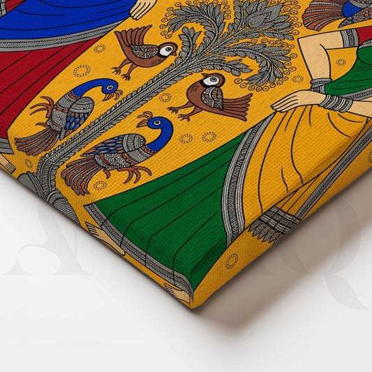 Traditional Women and Birds Madhubani Canvas Artwork