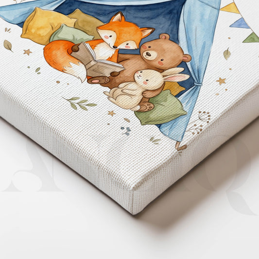 Woodland Friends Storytime in Blue Tent Kids Room Canvas Artwork