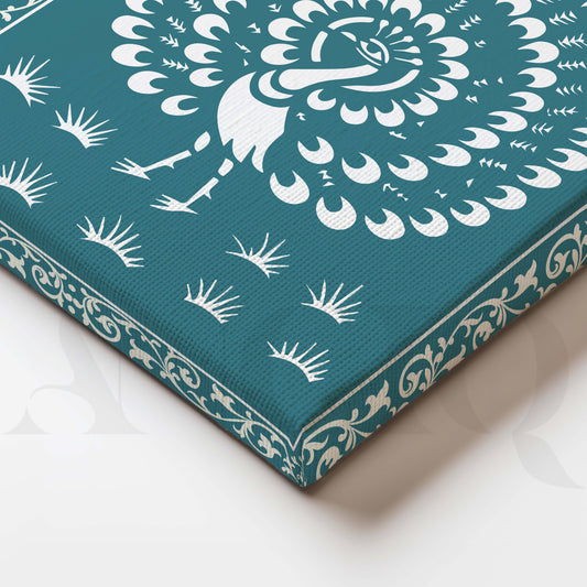 Close-up Detail Warli Art Peacock Painting Canvas Artwork