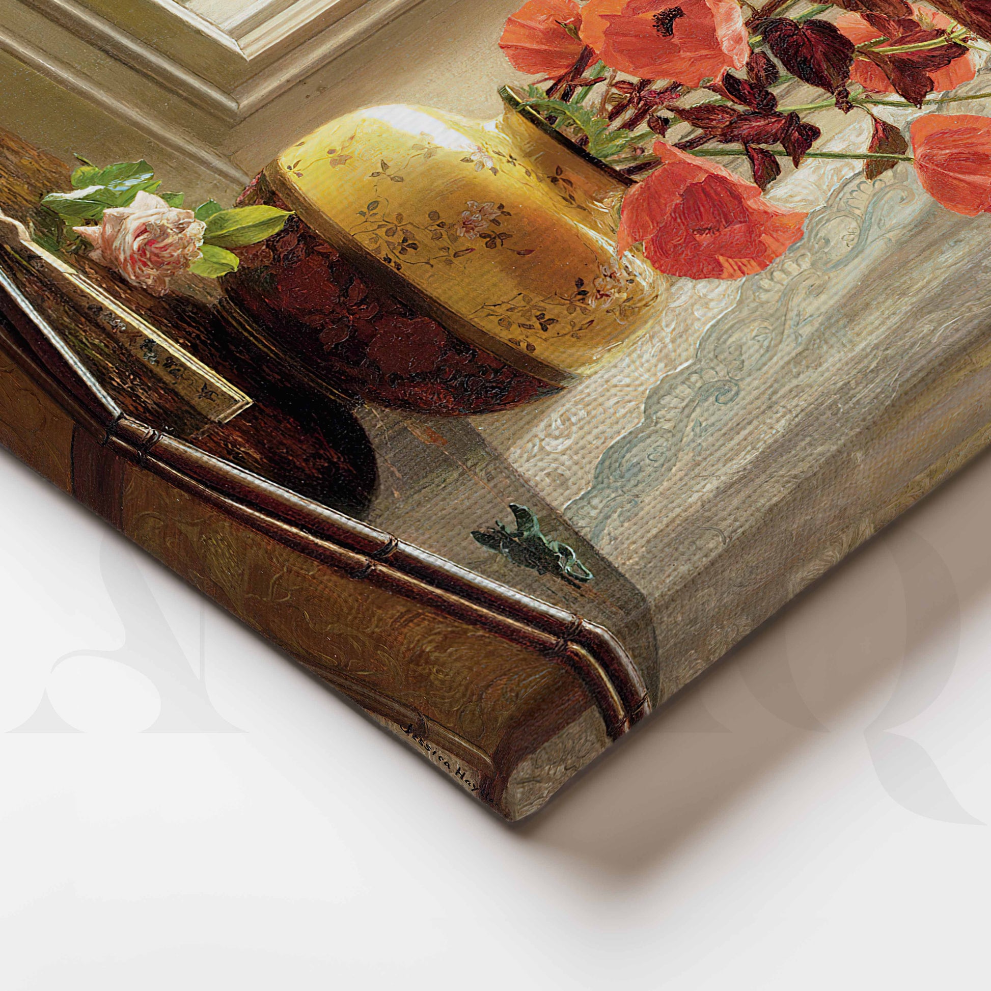 Vintage Poppy Vase by Window Canvas Artwork for Stylish Bedroom