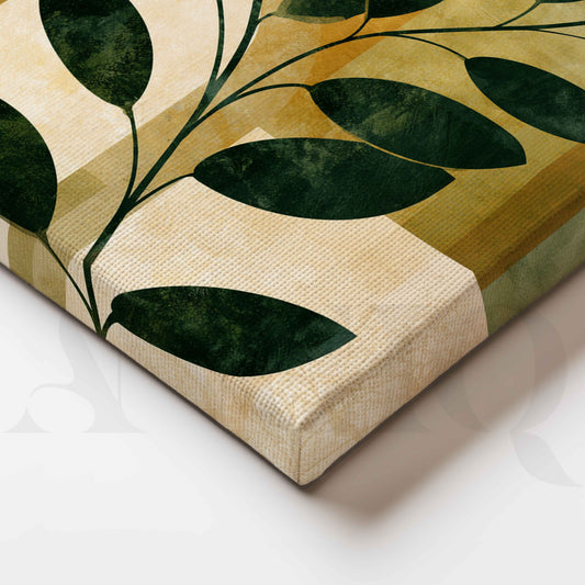 Earthy Green Botanical Leaves with Mustard Geometric Canvas Artwork