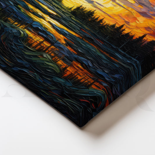 Radiant Sunset Over Vibrant Forest and Rippled Waterscape