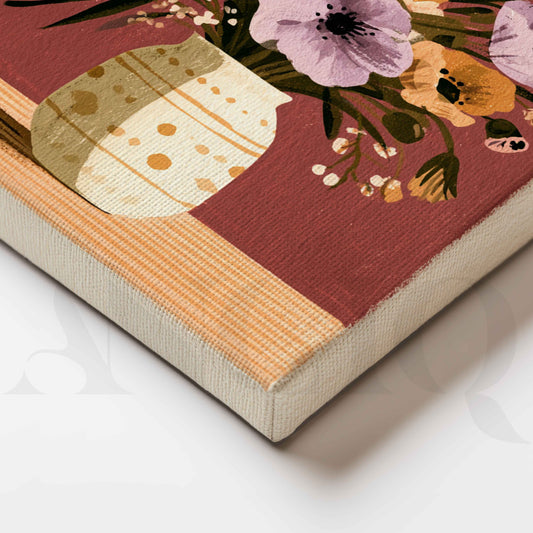 Vintage Floral Bouquet in Burgundy and Lavender Canvas Artwork