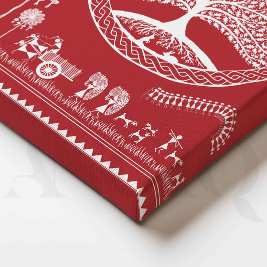 Close-up Detail Red Warli Tree of Life Canvas Wall Art