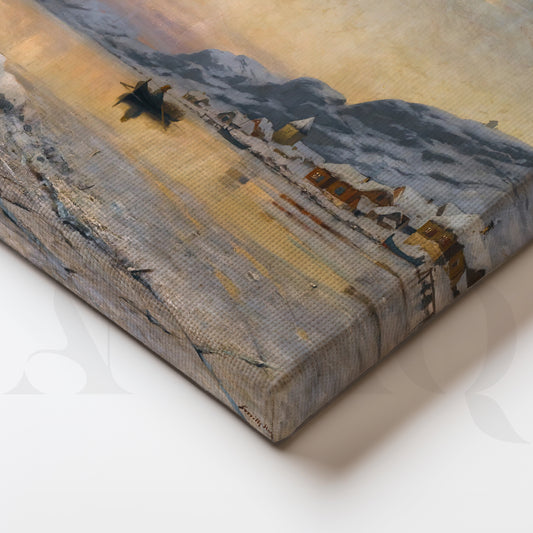 Winter Lake Village Landscape Canvas Artwork